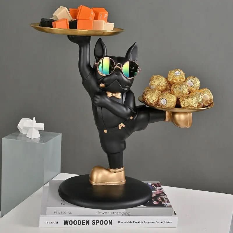 Escultura Bulldog Francês Mordomo KungFu com Bandeja Dupla - Estilo e Praticidade - Morada Serena