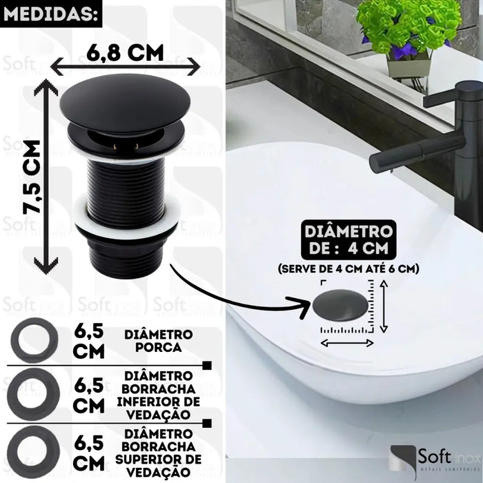 válvula click inox preto black 4cm para cuba de banheiro Morada Serena