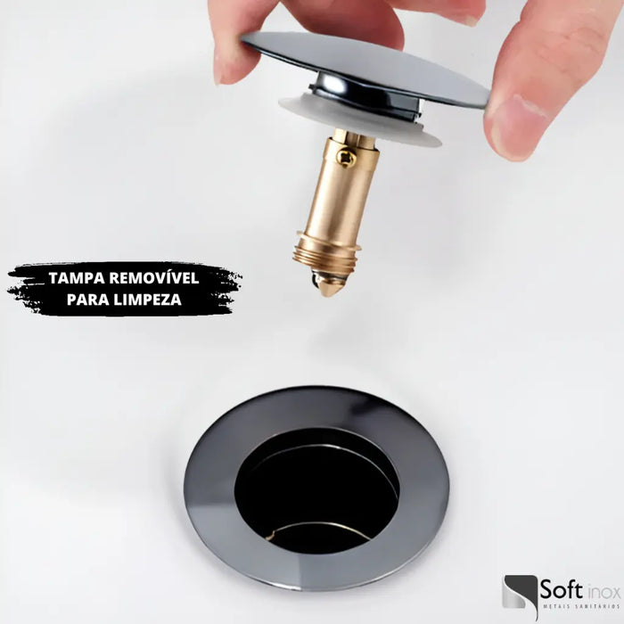 Detalhe do mecanismo click da válvula inox para lavatório