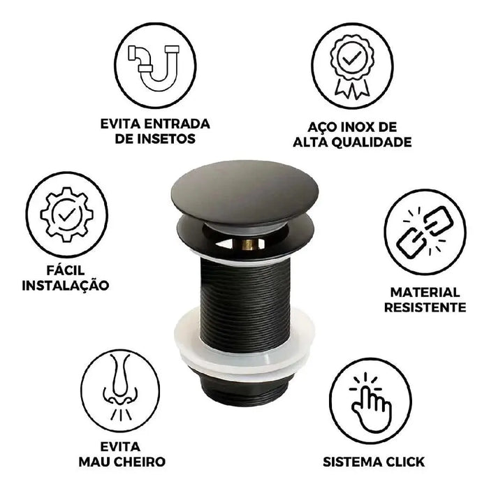 válvula click inox preto black compatível com cuba Morada Serena