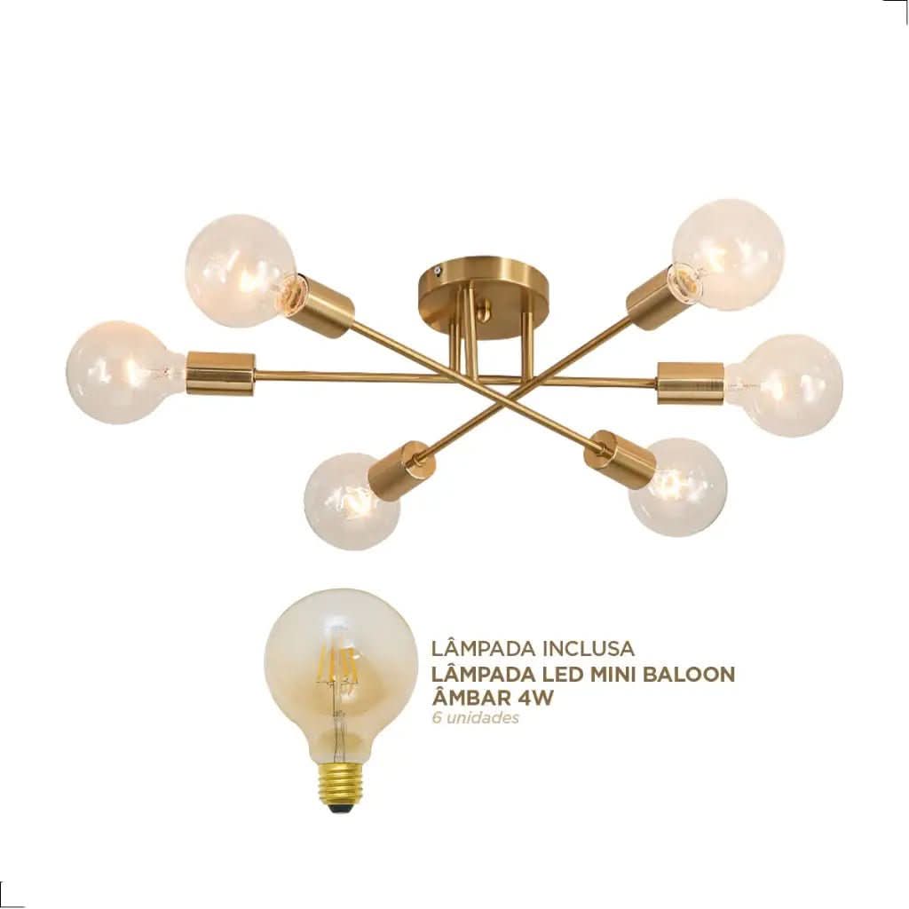 Lustre Para Sala Moderno Dourado 6 Lâmpadas | Morada Serena - Morada Serena