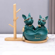 Estatueta Decorativa BullDog Francês Casal Edição Limitada - Suporte de Madeira Incluso - Morada Serena