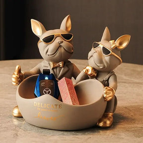 Estatueta Decorativa BullDog Francês Casal Edição Limitada - Suporte de Madeira Incluso - Morada Serena