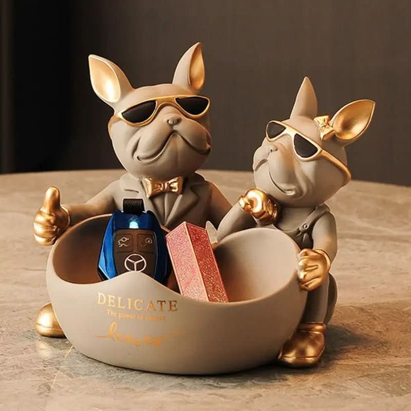 Estatueta Decorativa BullDog Francês Casal Edição Limitada - Suporte de Madeira Incluso - Morada Serena