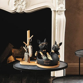Estatueta Decorativa BullDog Francês Casal Edição Limitada - Suporte de Madeira Incluso - Morada Serena