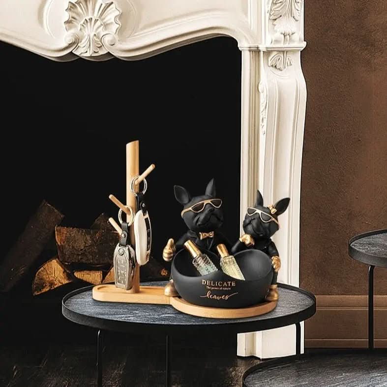 Estatueta Decorativa BullDog Francês Casal Edição Limitada - Suporte de Madeira Incluso - Morada Serena