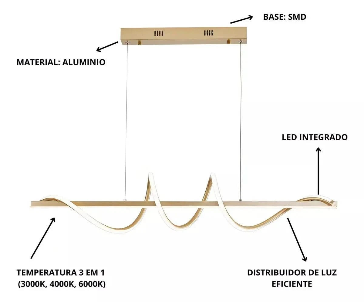 Lustre Pendente Led 45w 3 Em 1 Moderno Quarto Sala Dourado - Morada Serena