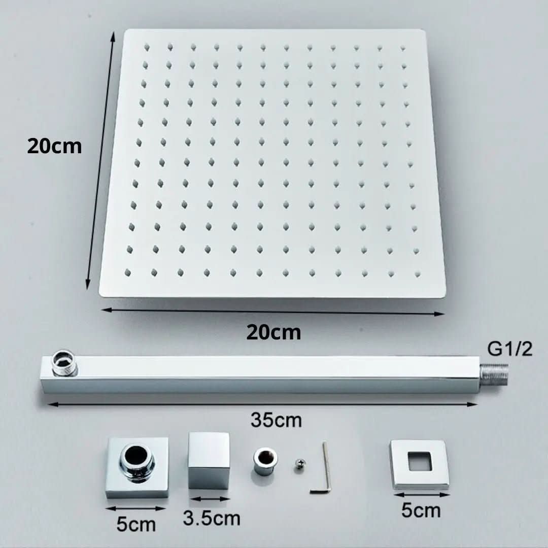 Kit Ducha Chuveiro 20×20cm Inox 304 Com Acabamentos Registros Preto/Cromado Para Chuveiro Banheiro - Morada Serena