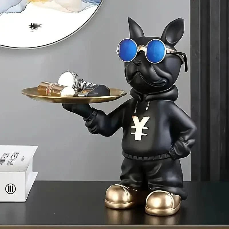 Estatueta Decorativa Bulldog Francês Mordomo com Bandeja - Morada Serena