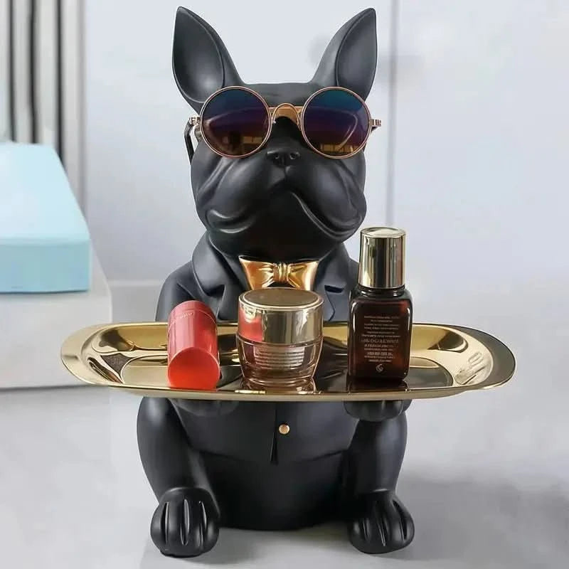 Escultura Cachorro Bulldog com Bandeja e Óculos - Morada Serena
