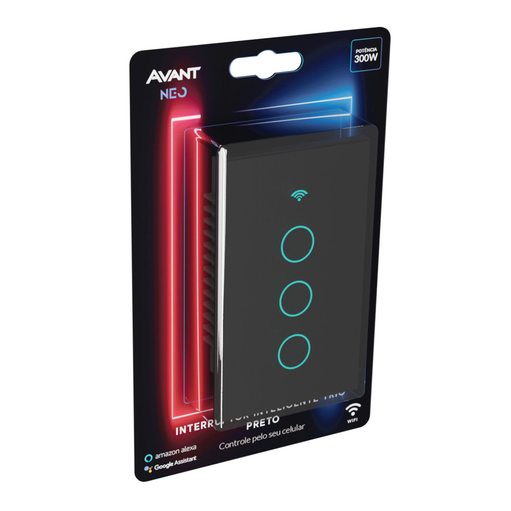 Interruptor Inteligente Touch Smart WiFi com 1, 2 ou 3 botões Preto Avant Neo