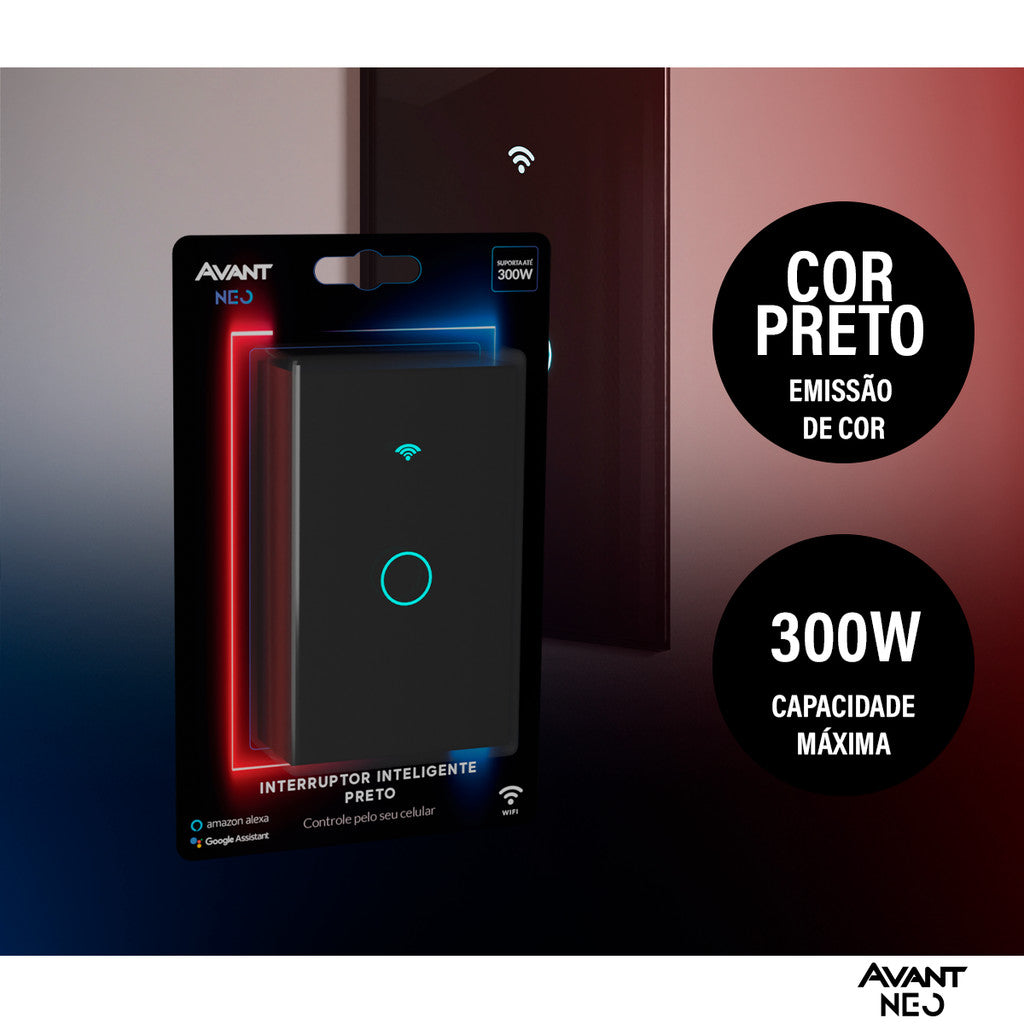 Interruptor Inteligente Touch Smart WiFi com 1, 2 ou 3 botões Preto Avant Neo