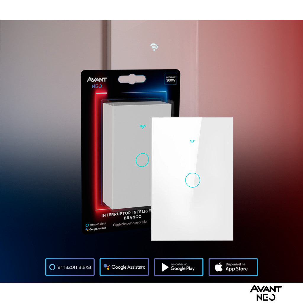 Interruptor Inteligente Touch Smart WiFi com 1, 2 ou 3 botões Branco Avant Neo